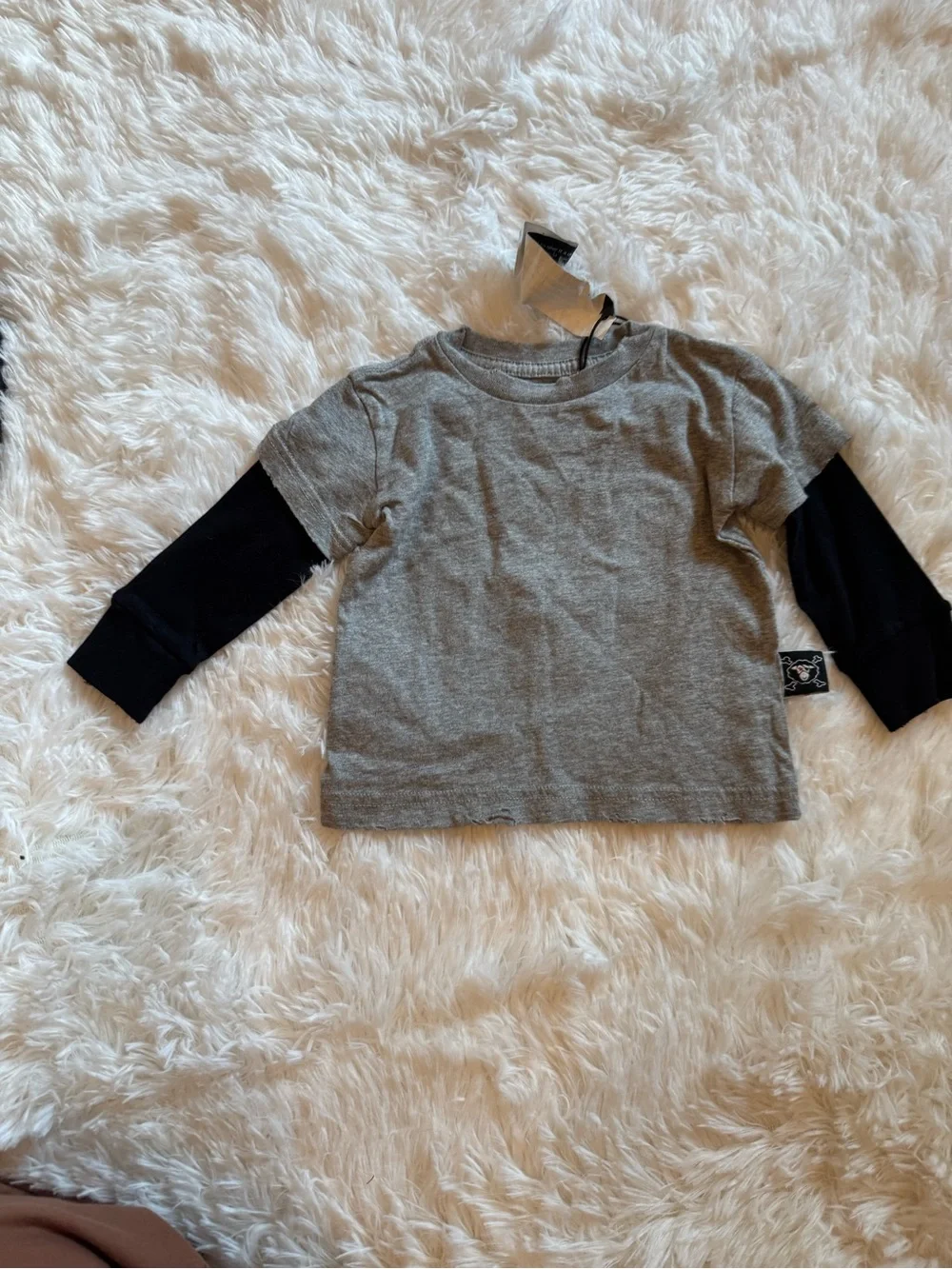 Nununu Don’t Ask! Layered Long Sleeve Graphic Tee Toddler Gray Black 100% Cotton